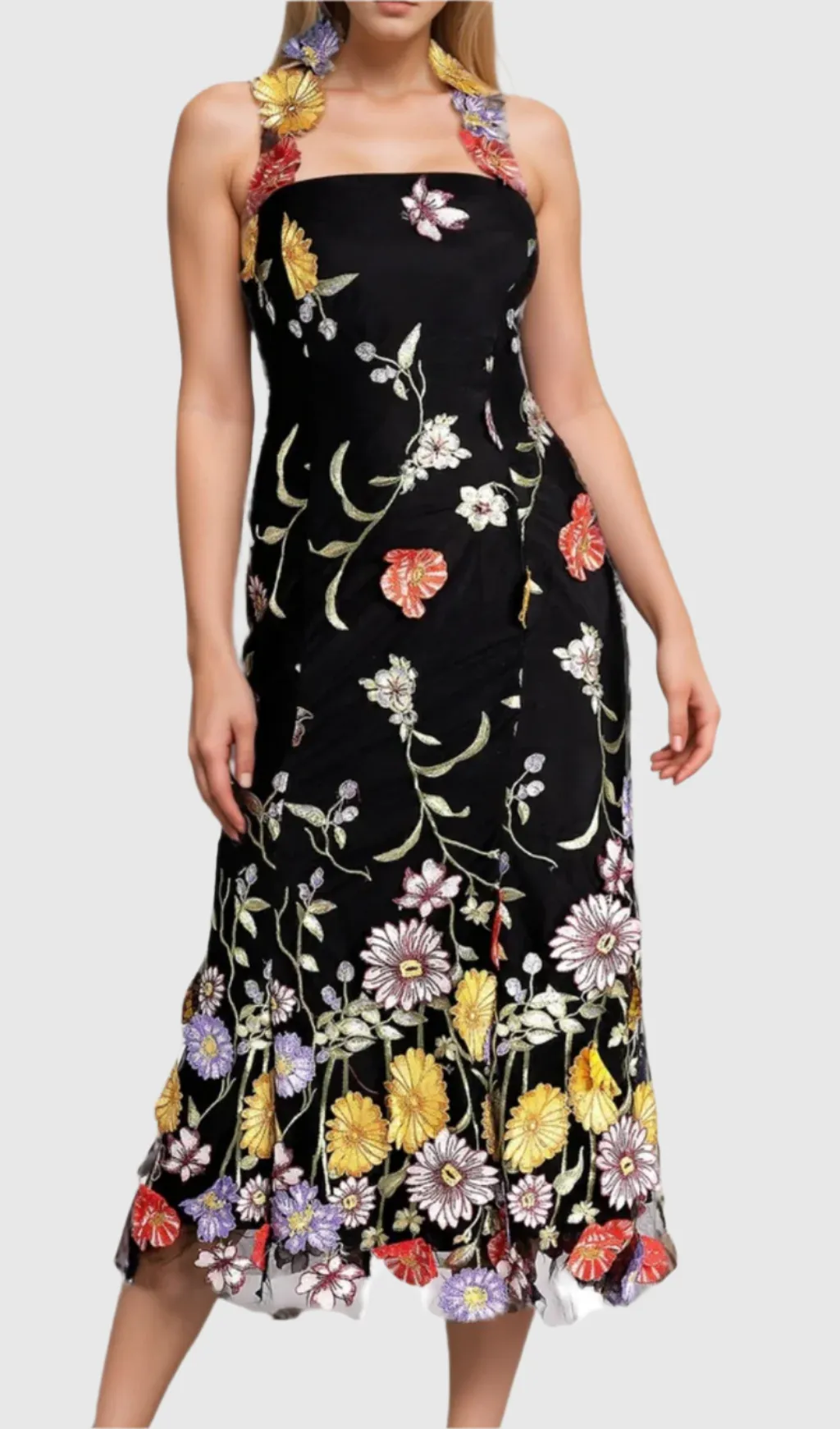 Halter Embroider Floral midi Dress in black Gloria Lanvin