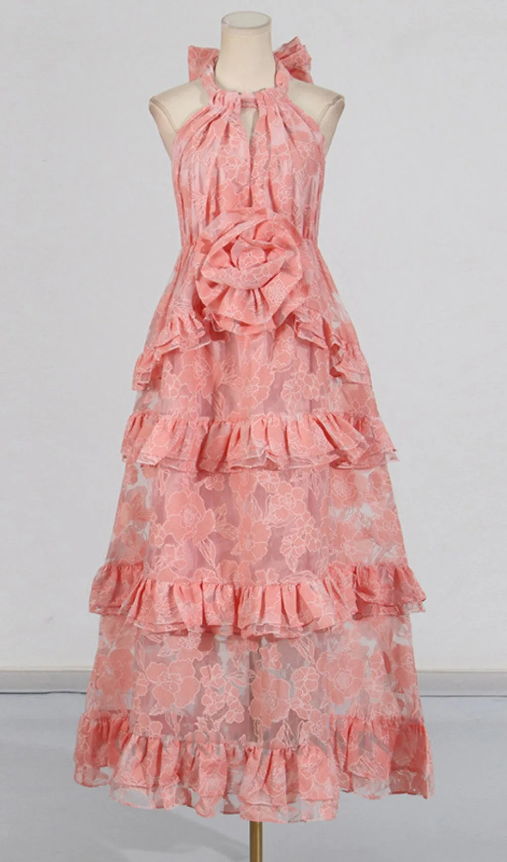 halter flower rruffle maxi dress in pink Gloria Lanvin