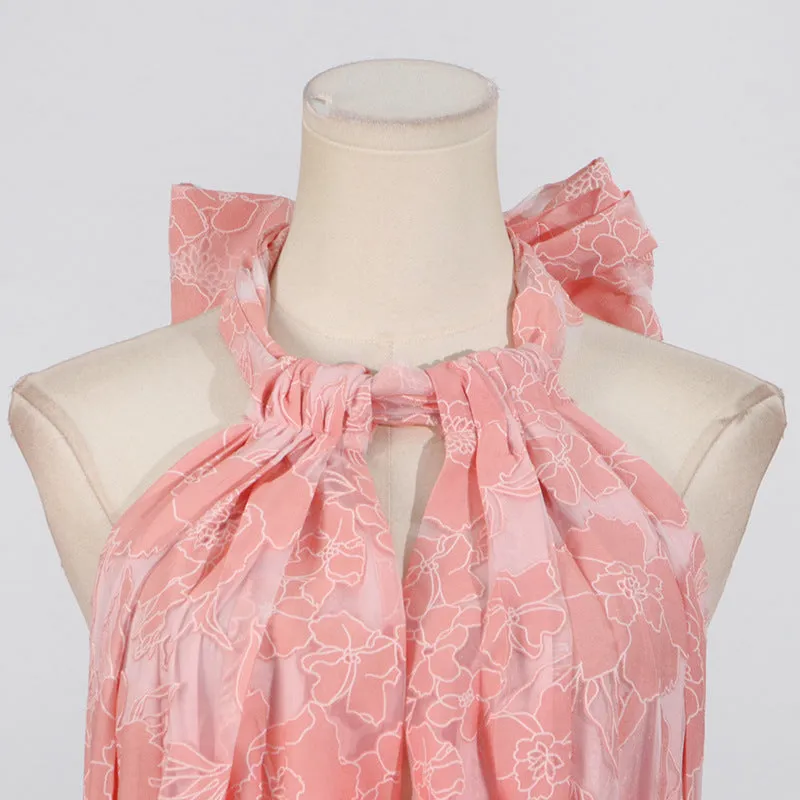 halter flower rruffle maxi dress in pink Gloria Lanvin