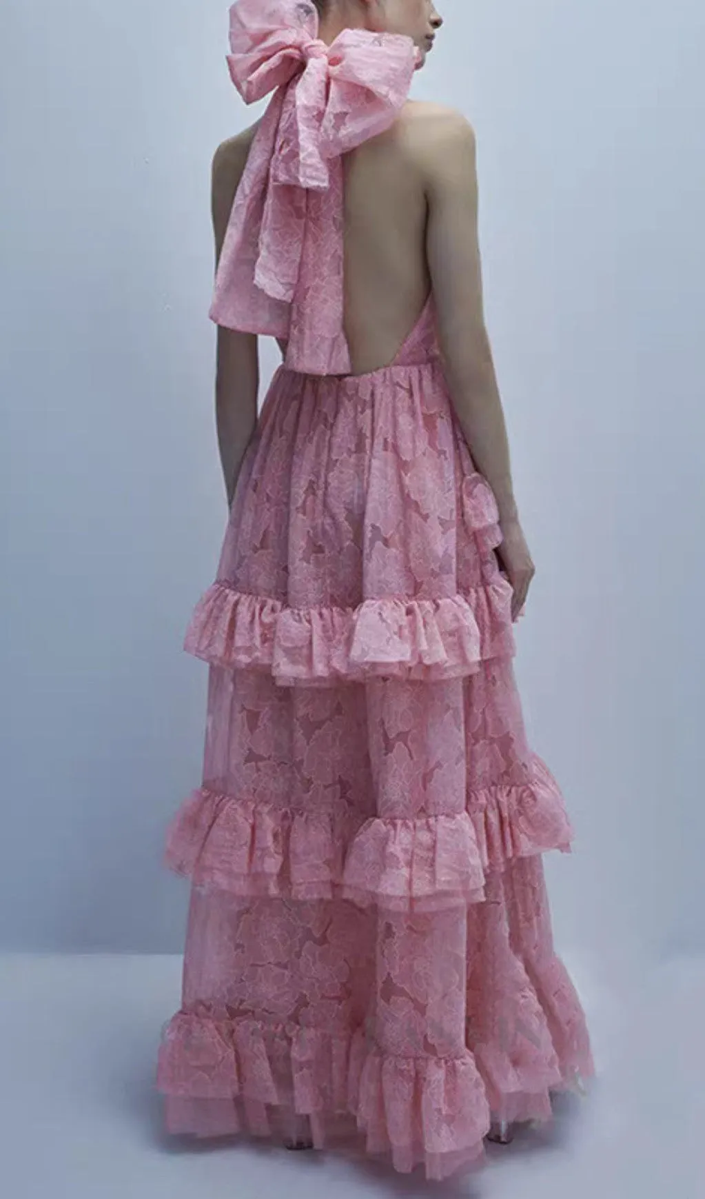 halter flower rruffle maxi dress in pink Gloria Lanvin
