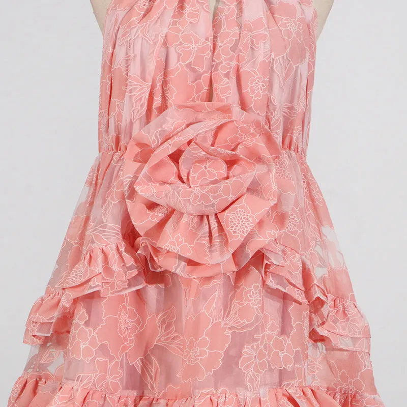halter flower rruffle maxi dress in pink Gloria Lanvin