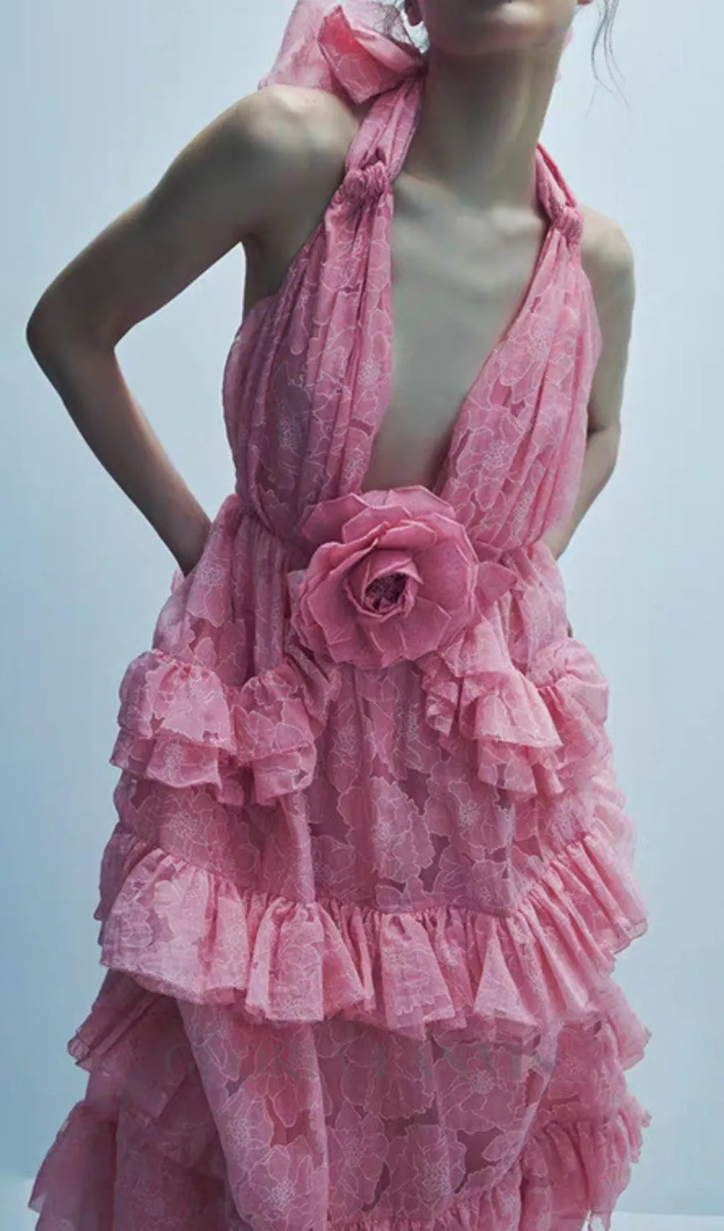 halter flower rruffle maxi dress in pink Gloria Lanvin