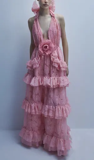 halter flower rruffle maxi dress in pink Gloria Lanvin