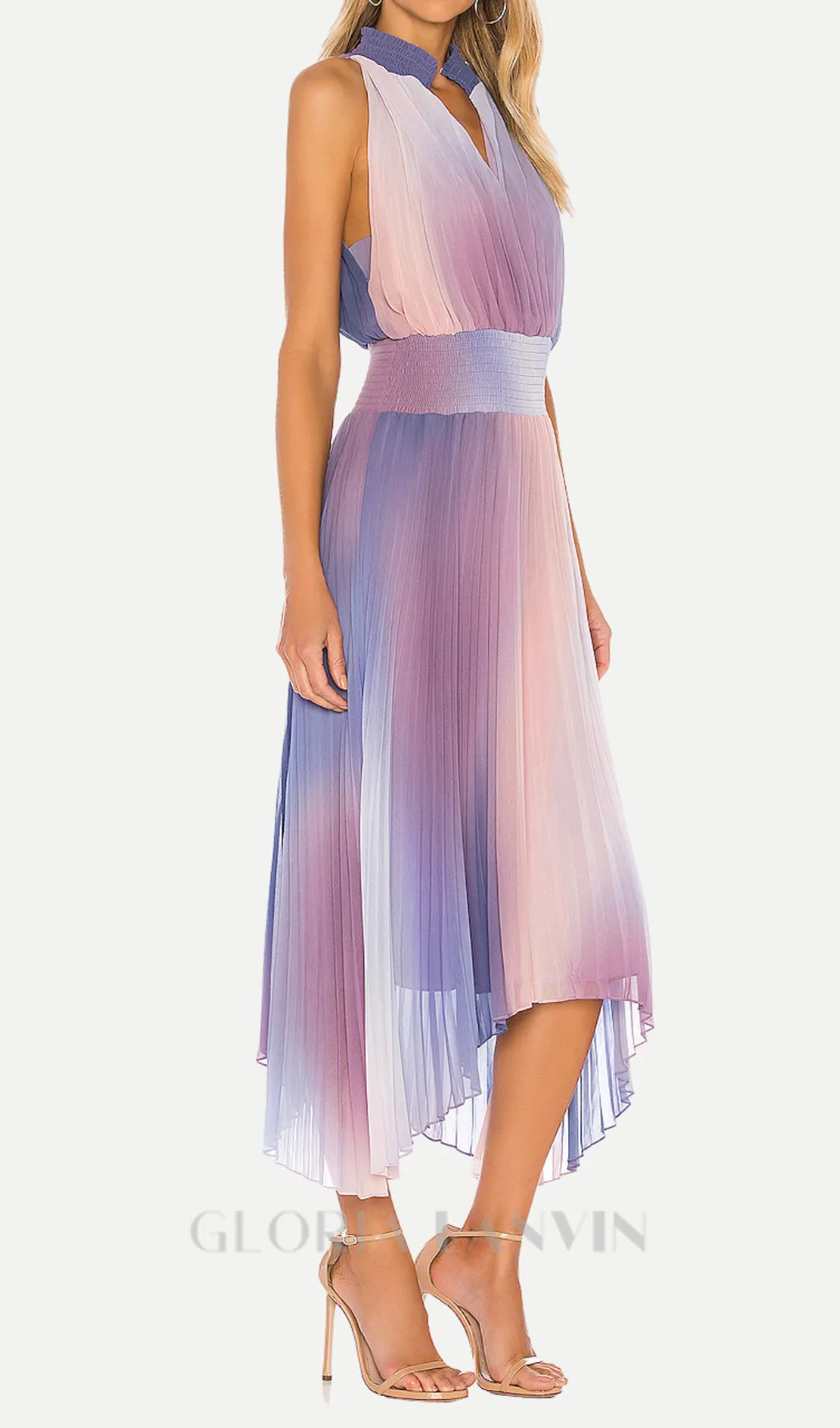 halter neck pleated midi dress in lavender tie dye Gloria Lanvin