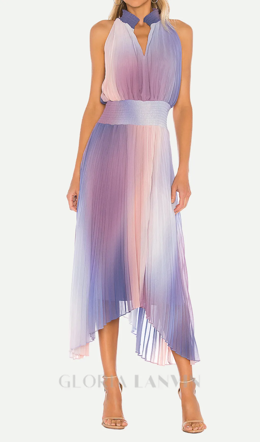 halter neck pleated midi dress in lavender tie dye Gloria Lanvin