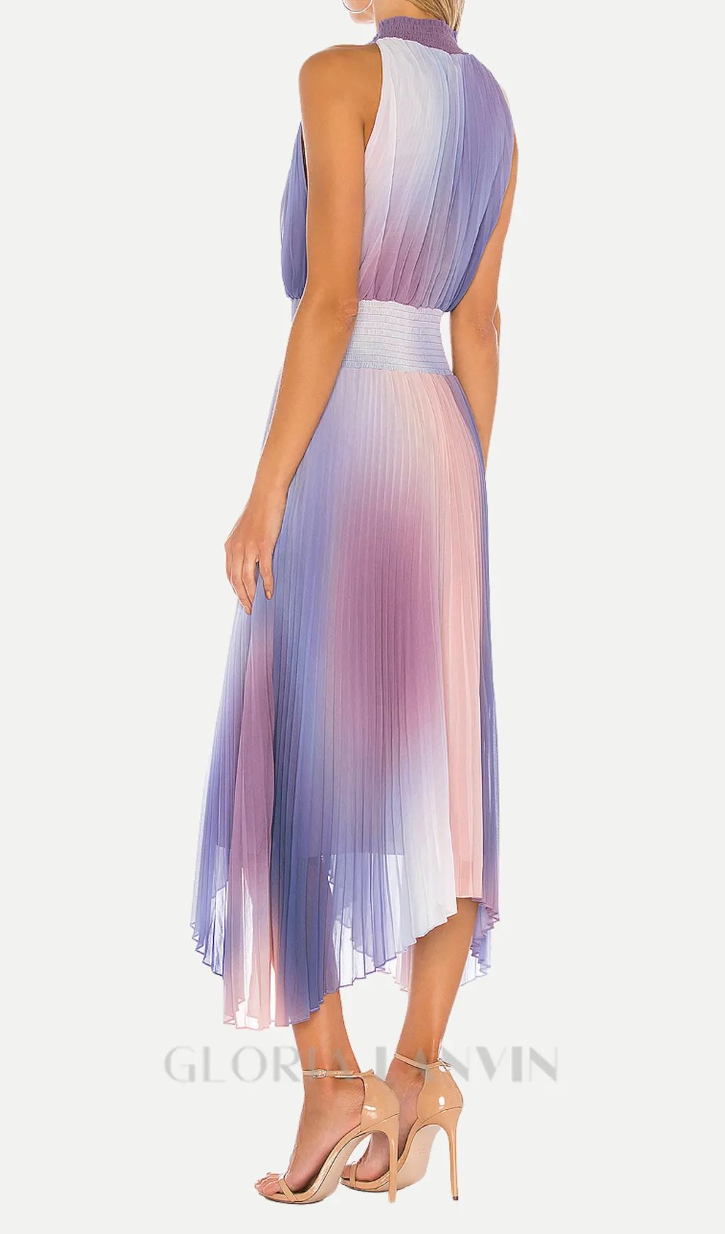 halter neck pleated midi dress in lavender tie dye Gloria Lanvin
