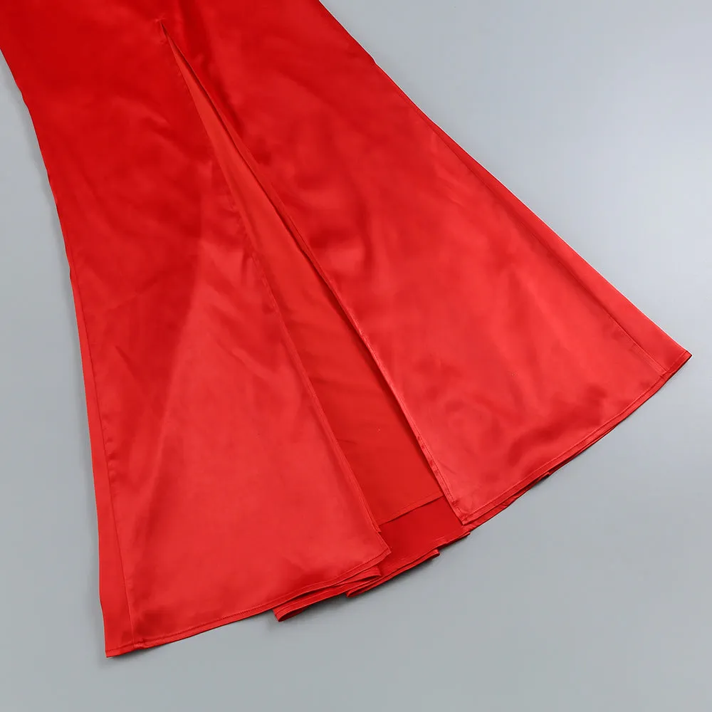 HALTER PLEATS SATIN MAXI DRESS IN RED Gloria Lanvin