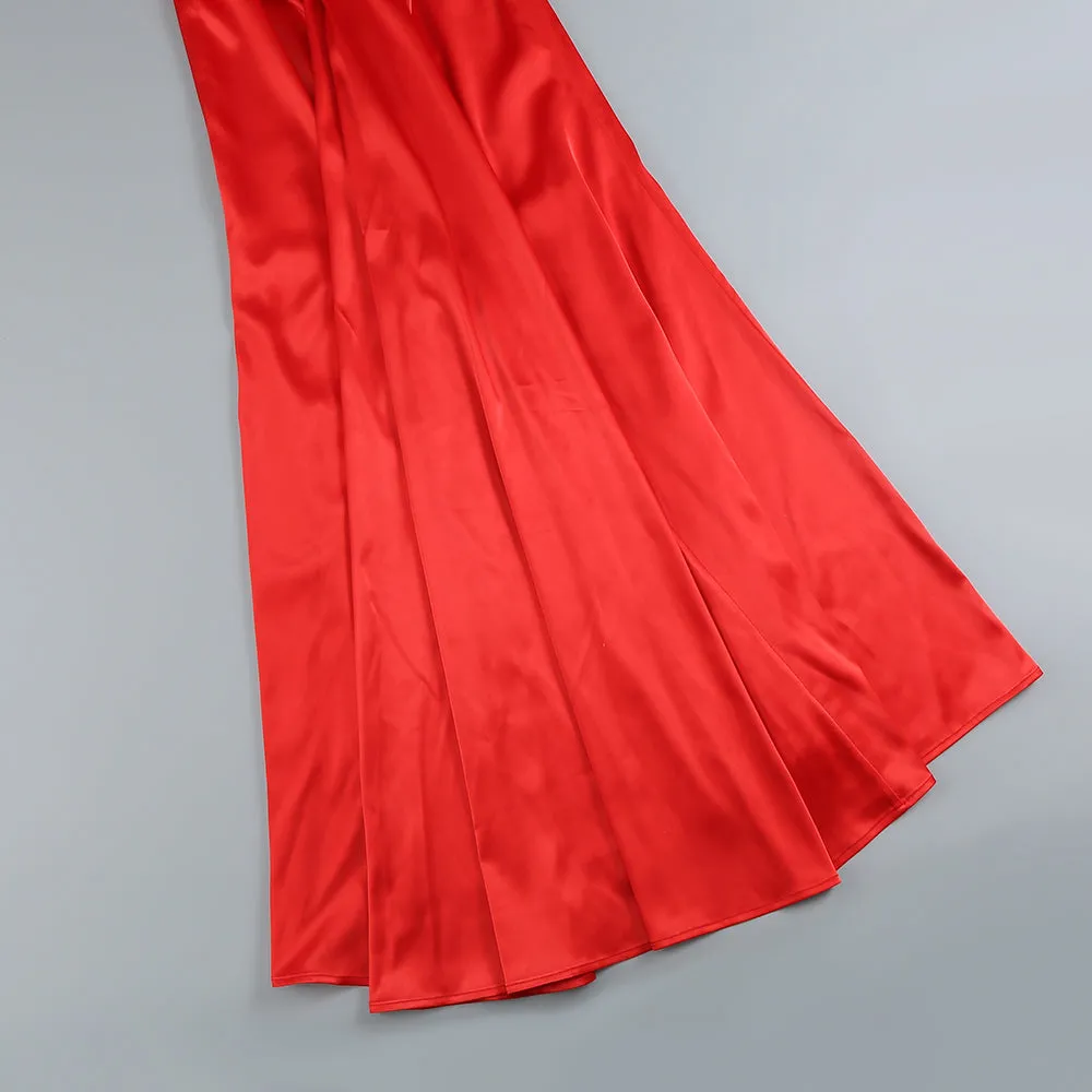 HALTER PLEATS SATIN MAXI DRESS IN RED Gloria Lanvin