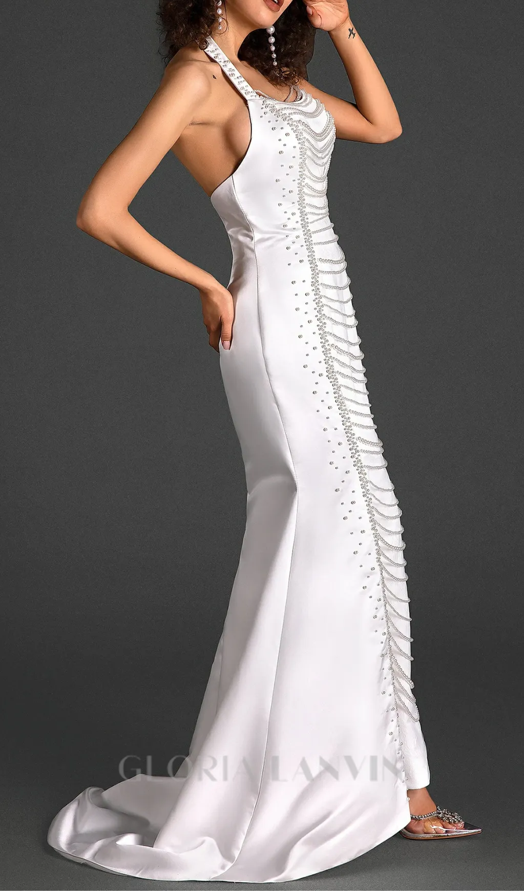 HALTER SATIN PEARL MERMAID DRESS Gloria Lanvin