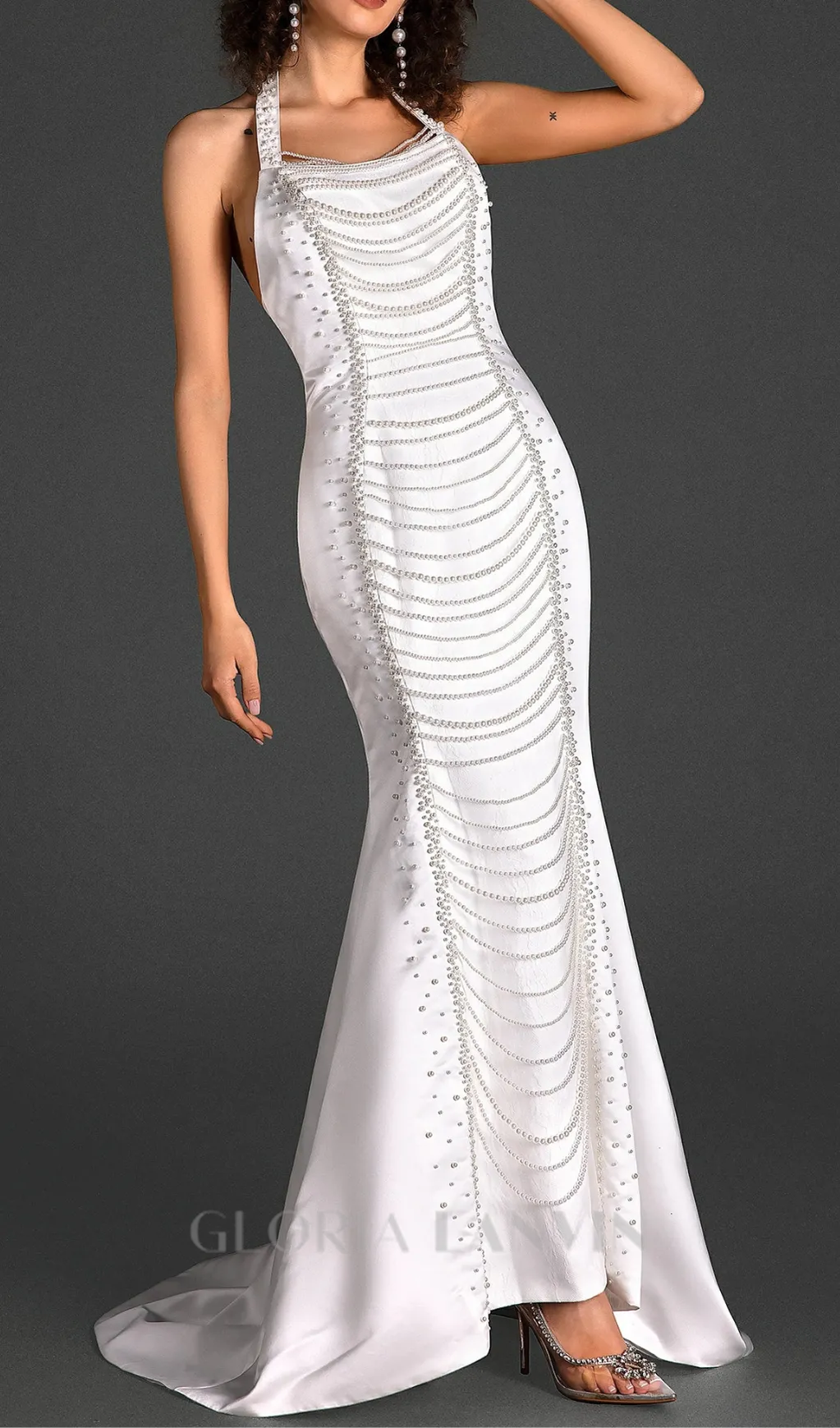 HALTER SATIN PEARL MERMAID DRESS Gloria Lanvin