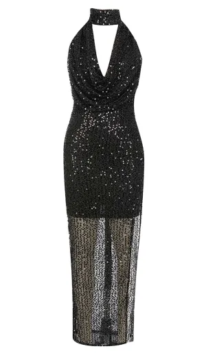 HALTER SLEEVELESS SEQUIN MAXI DRESS IN BLACK Gloria Lanvin