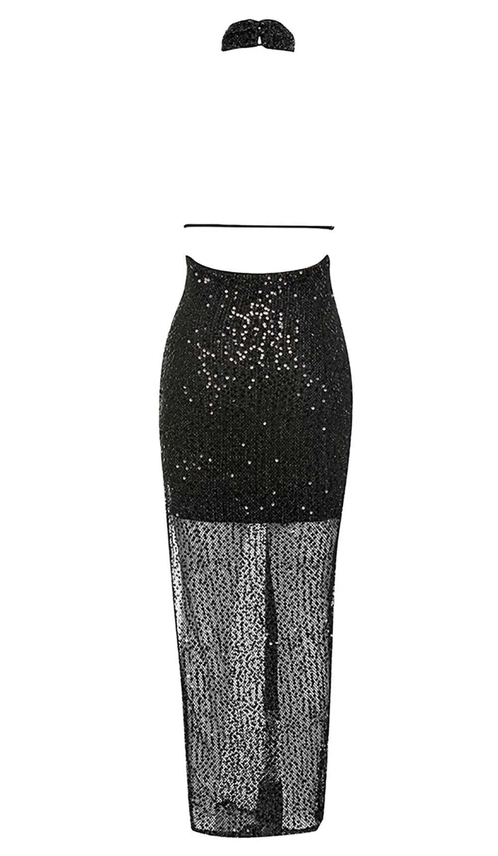 HALTER SLEEVELESS SEQUIN MAXI DRESS IN BLACK Gloria Lanvin