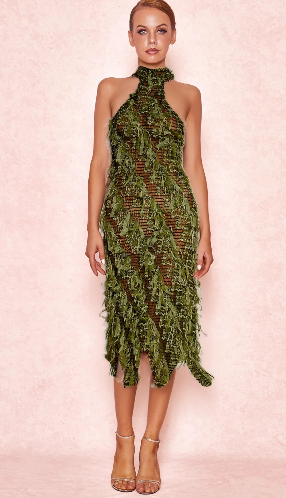 HALTERNECK BACKLESS HOLLOW MIDI DRESS IN GREEN Gloria Lanvin