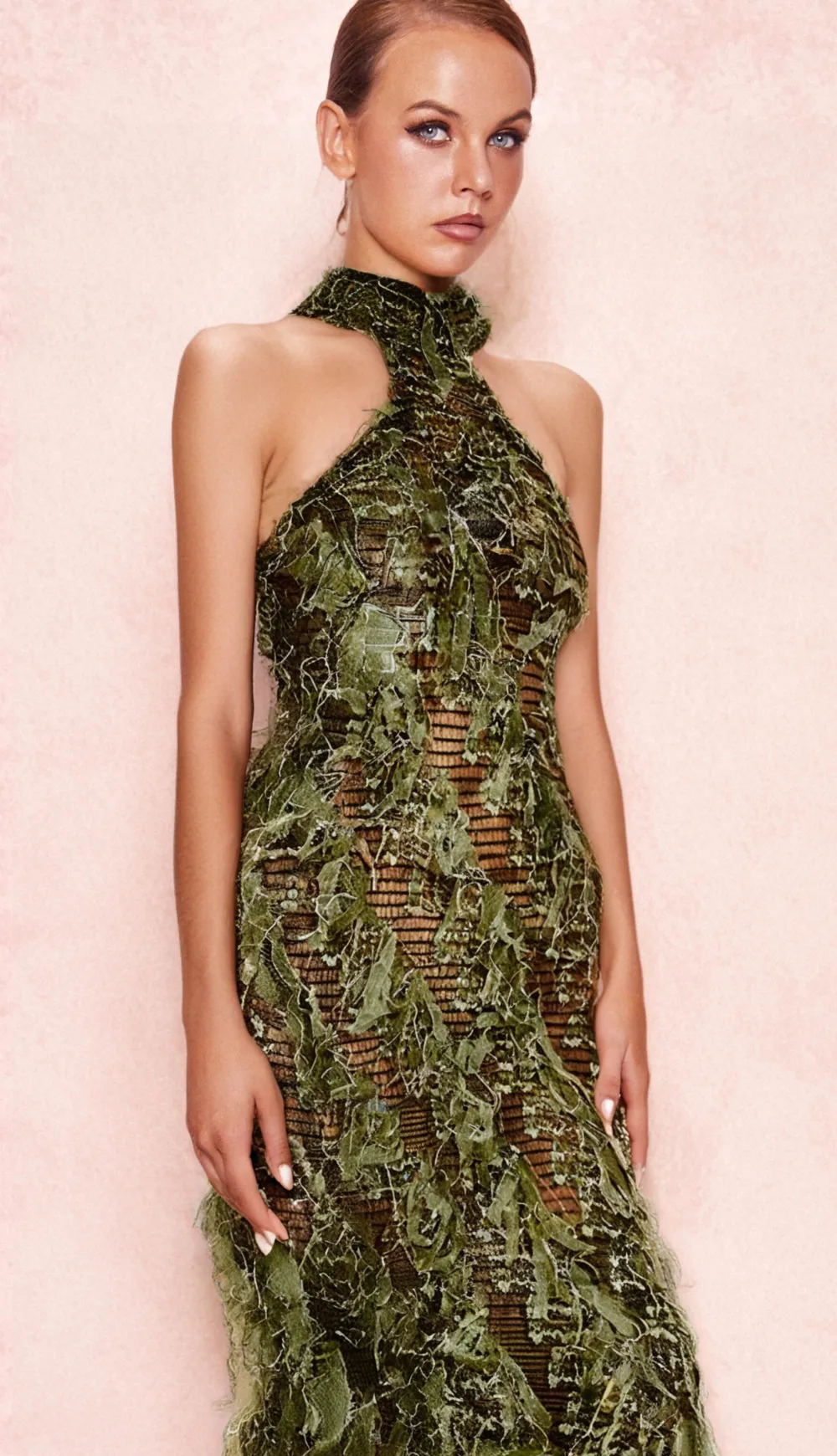 HALTERNECK BACKLESS HOLLOW MIDI DRESS IN GREEN Gloria Lanvin