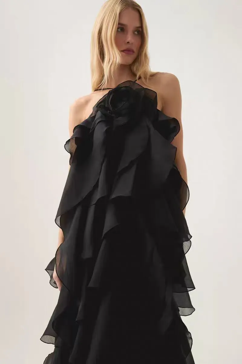 halterneck flounced maxi dress in black Gloria Lanvin