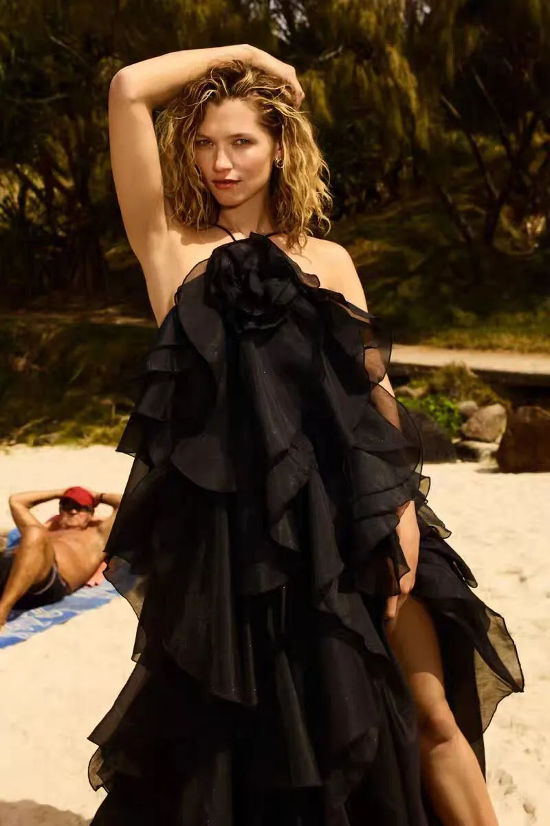 halterneck flounced maxi dress in black Gloria Lanvin