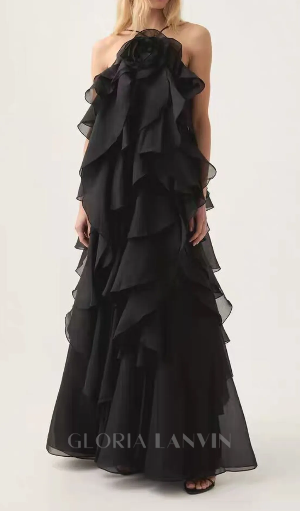 halterneck flounced maxi dress in black Gloria Lanvin