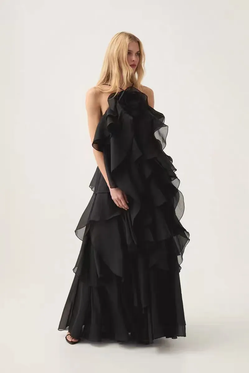 halterneck flounced maxi dress in black Gloria Lanvin