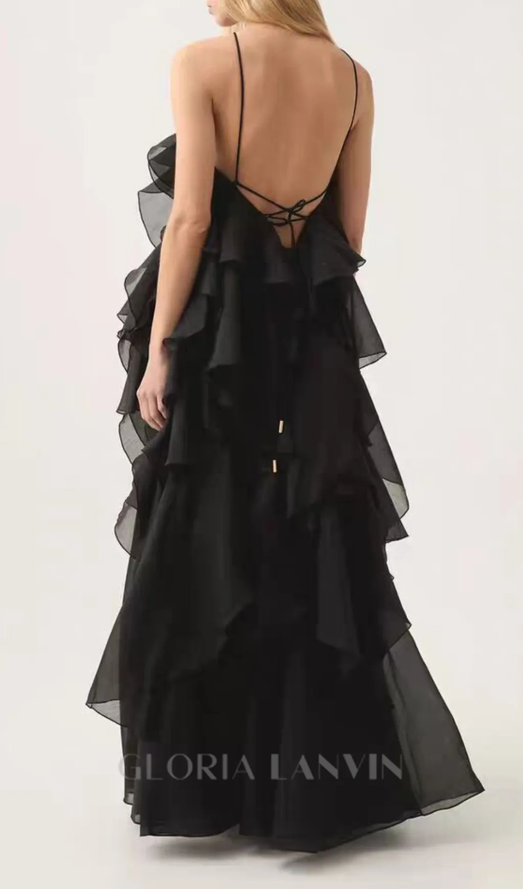 halterneck flounced maxi dress in black Gloria Lanvin