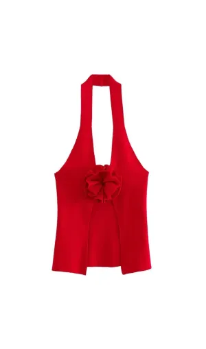 HALTERNECK FLOWER TOP IN RED Gloria Lanvin