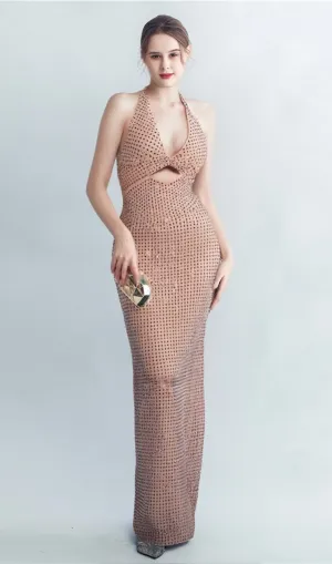 HALTERNECK HOLLOW RHINESTONE MIDI DRESS Gloria Lanvin