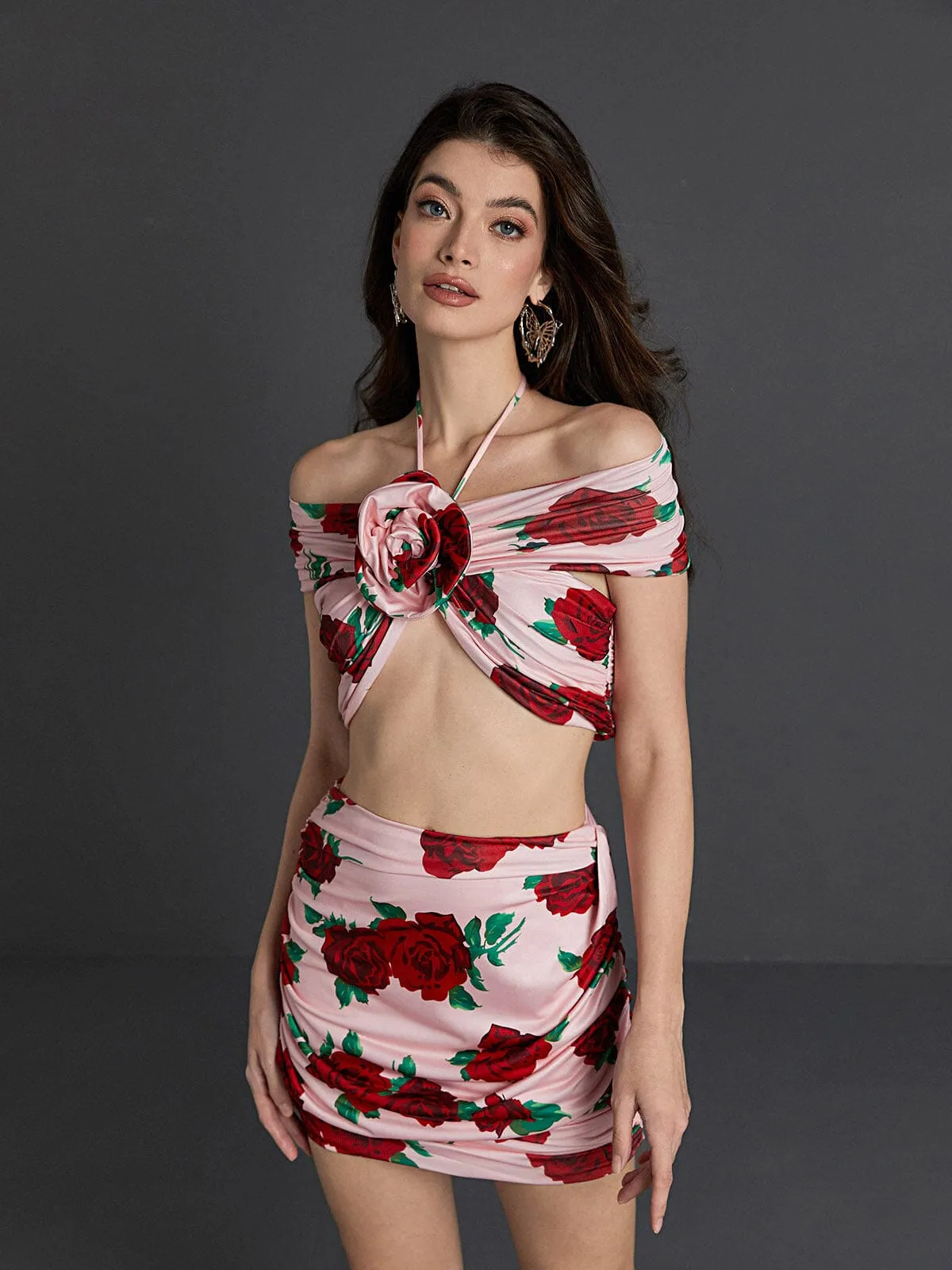 HALTERNECK ROSE PRINTED SKIRT SET Gloria Lanvin