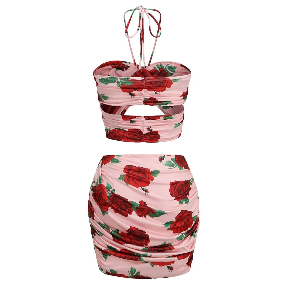 HALTERNECK ROSE PRINTED SKIRT SET Gloria Lanvin