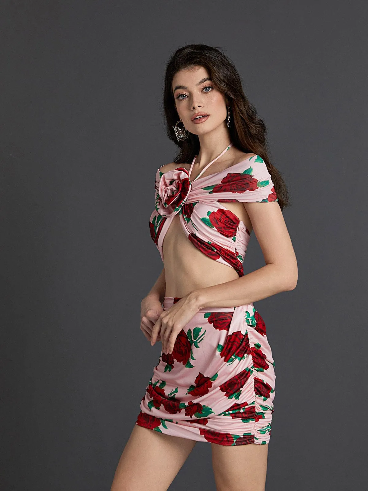 HALTERNECK ROSE PRINTED SKIRT SET Gloria Lanvin