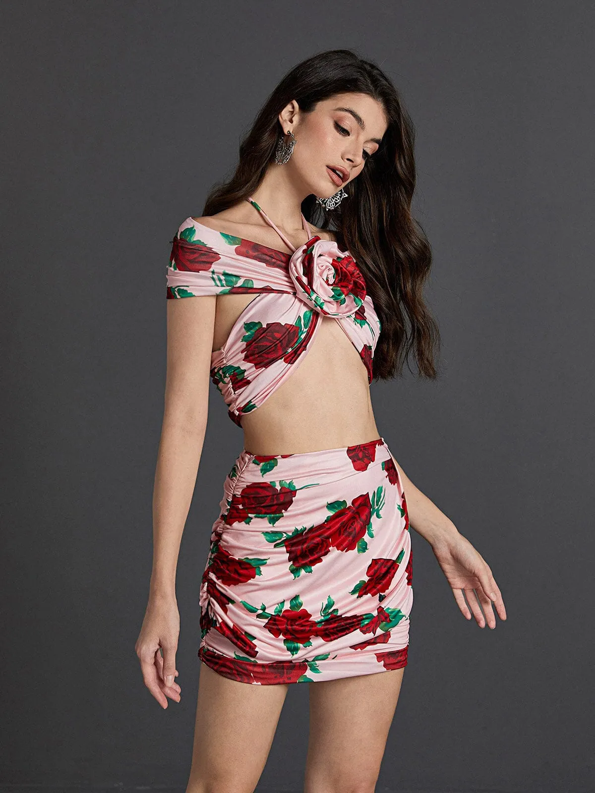 HALTERNECK ROSE PRINTED SKIRT SET Gloria Lanvin