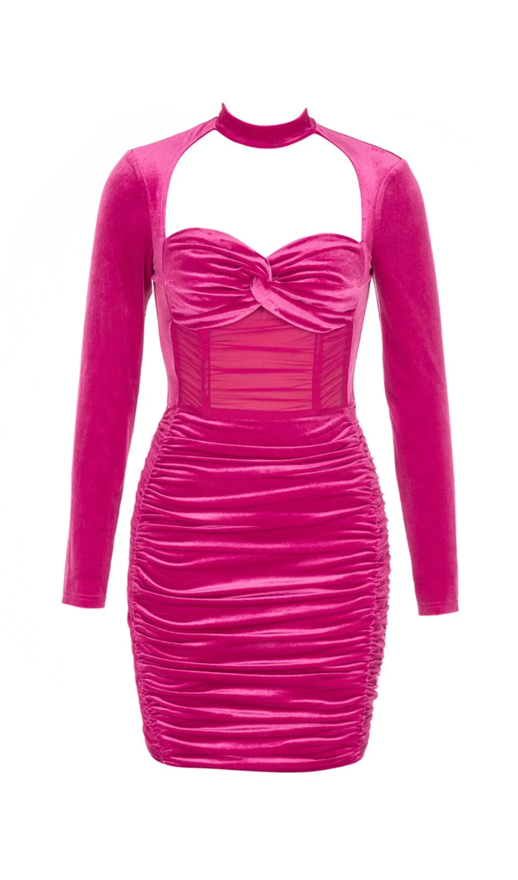 HANGING NECK MESH STITCHED VELVET MINI DRESS IN BARBIE PINK Gloria Lanvin