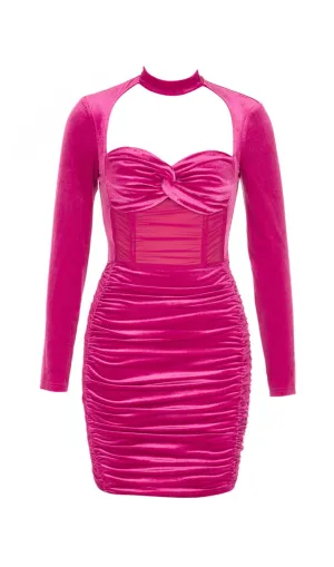 HANGING NECK MESH STITCHED VELVET MINI DRESS IN BARBIE PINK Gloria Lanvin