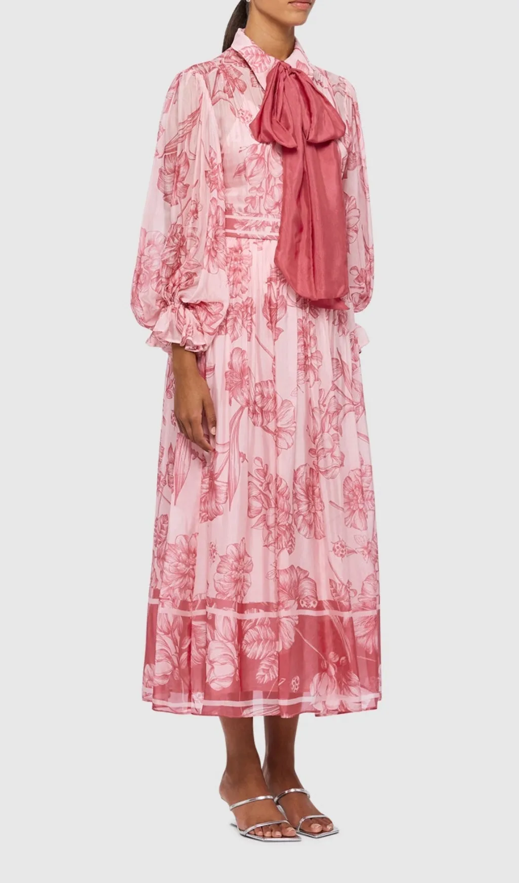 HARMONY PRINT IN PLUM BLOSSOM TIE NECK MIDI DRESS Gloria Lanvin