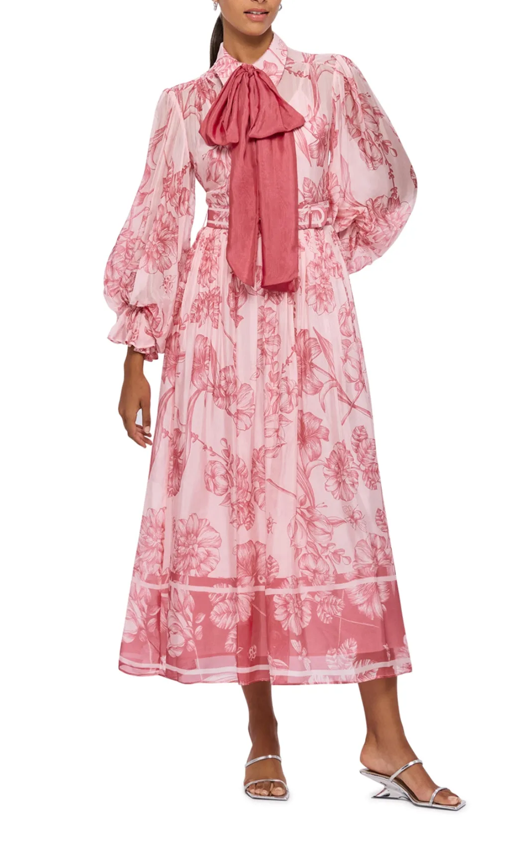 HARMONY PRINT IN PLUM BLOSSOM TIE NECK MIDI DRESS Gloria Lanvin