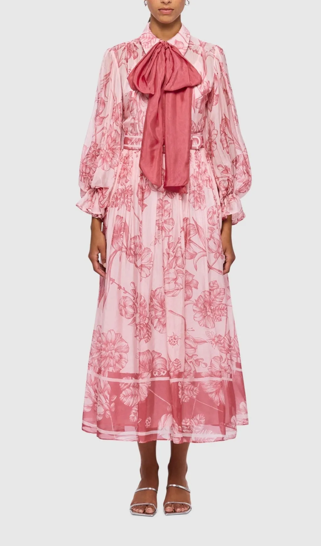 HARMONY PRINT IN PLUM BLOSSOM TIE NECK MIDI DRESS Gloria Lanvin