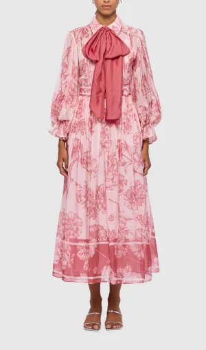 HARMONY PRINT IN PLUM BLOSSOM TIE NECK MIDI DRESS Gloria Lanvin
