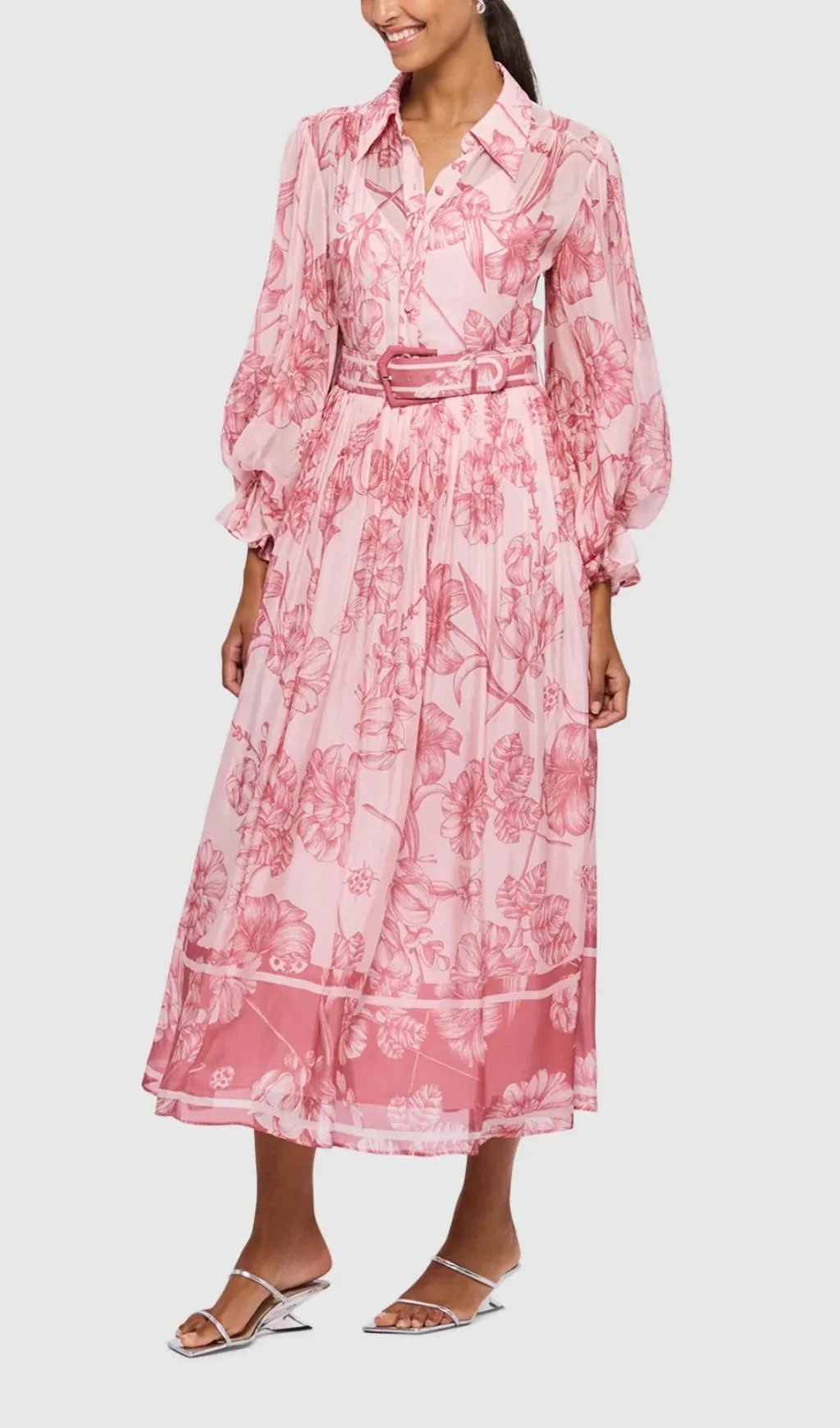 HARMONY PRINT IN PLUM BLOSSOM TIE NECK MIDI DRESS Gloria Lanvin
