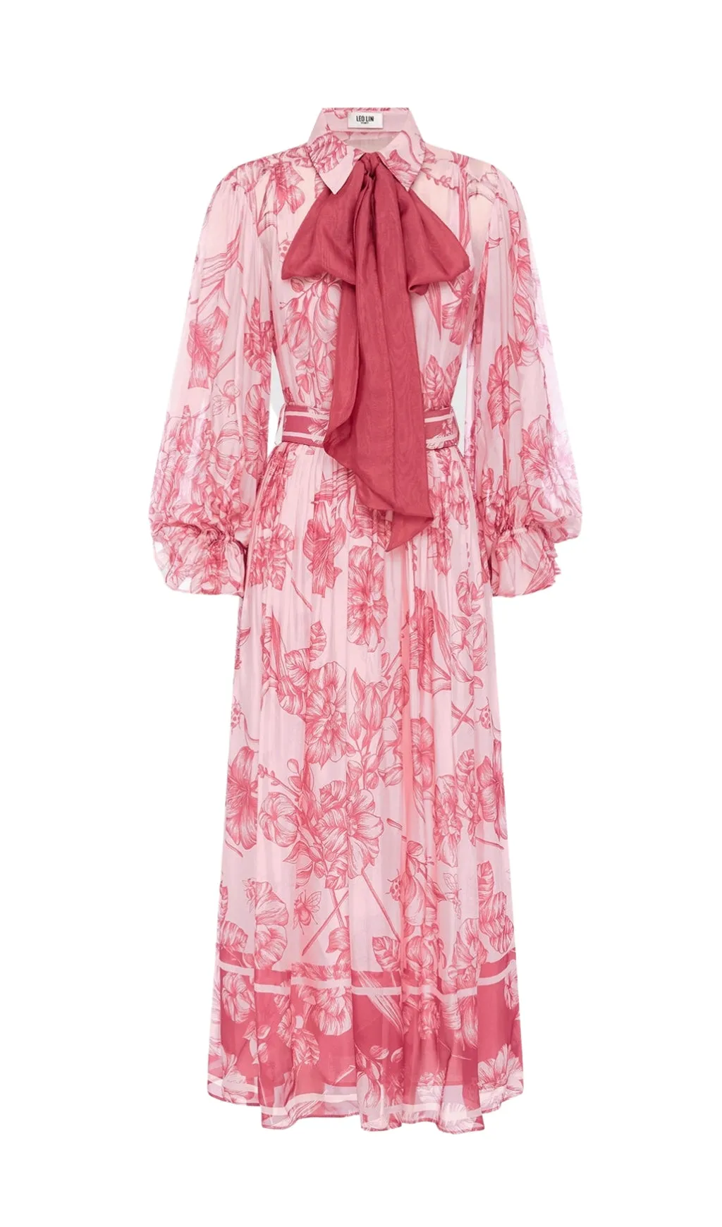 HARMONY PRINT IN PLUM BLOSSOM TIE NECK MIDI DRESS Gloria Lanvin