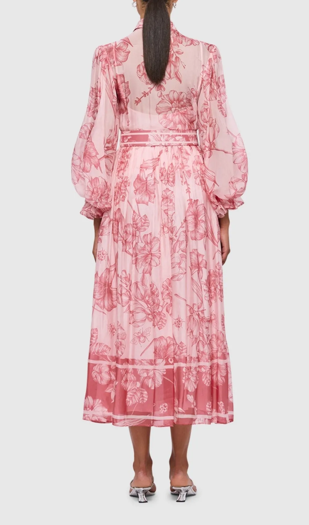 HARMONY PRINT IN PLUM BLOSSOM TIE NECK MIDI DRESS Gloria Lanvin