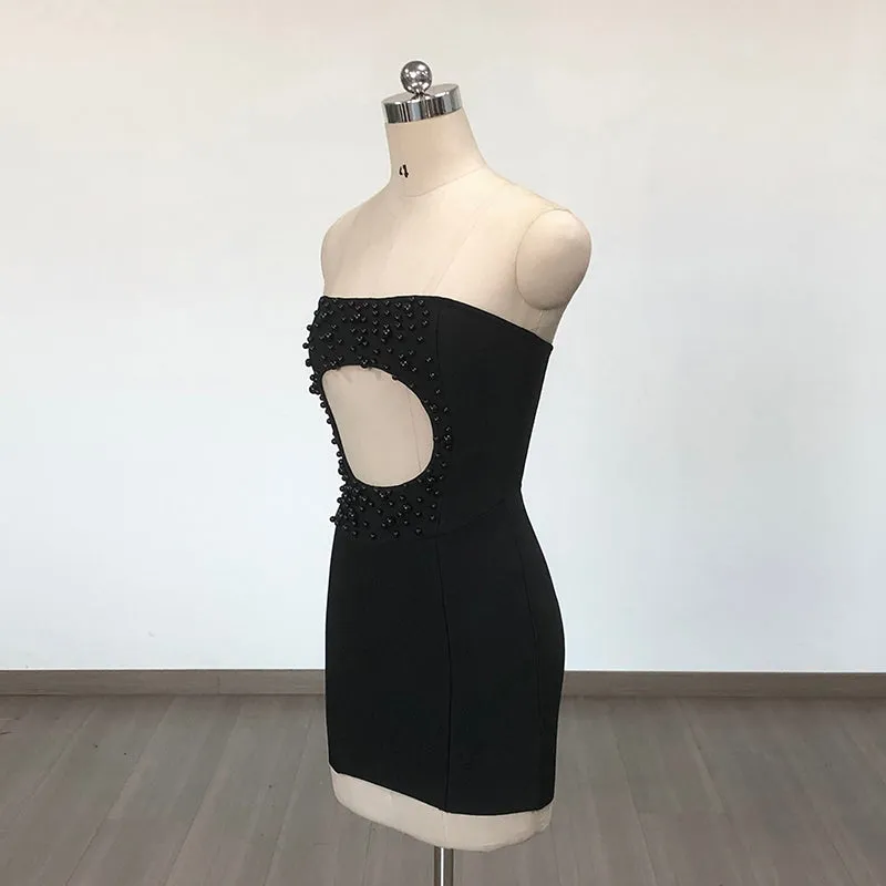 HARRIET BLACK PEARL EMBELLISHED CUT OUT STRAPLESS MINI DRESS Gloria Lanvin