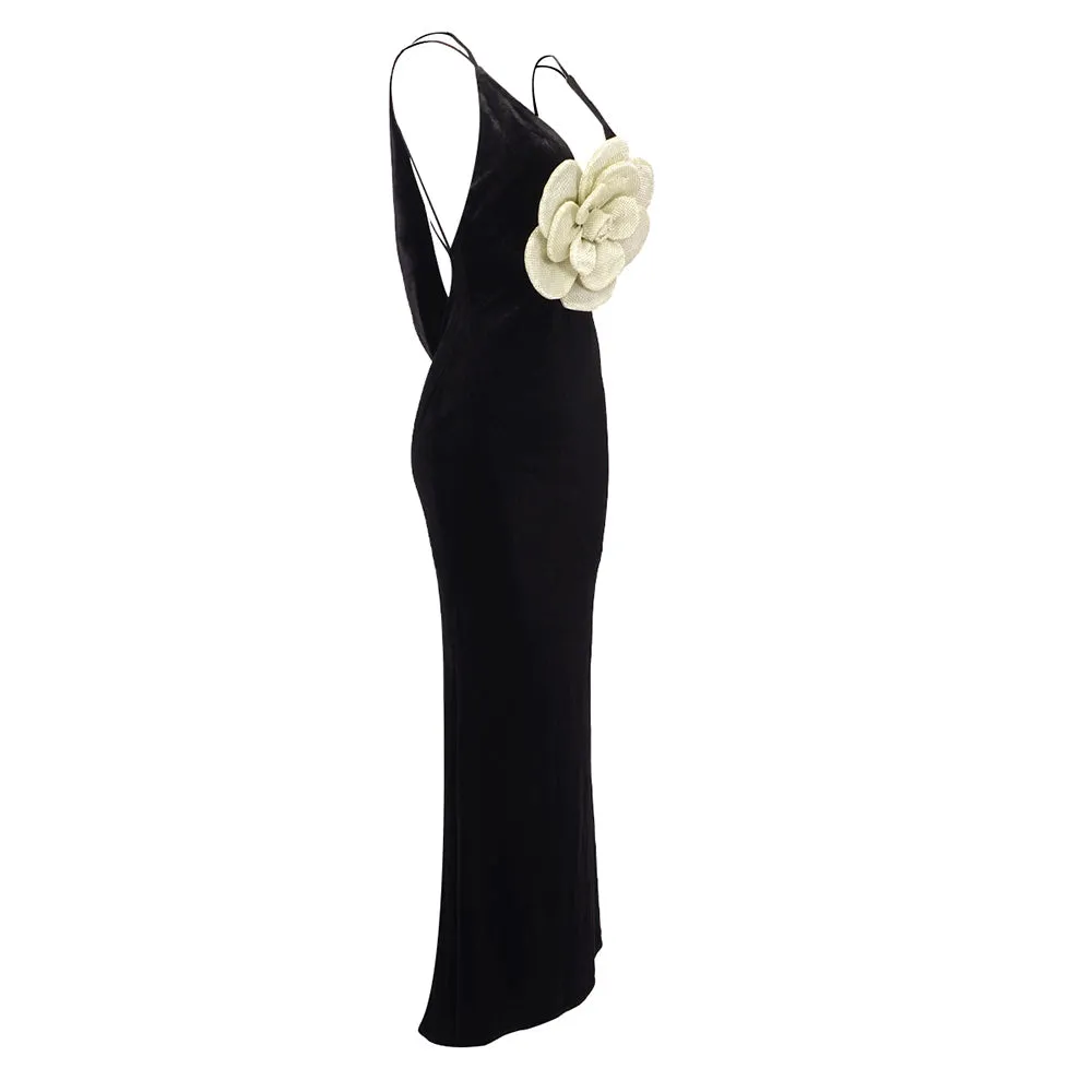 HARRIET GOLD 3D FLOWER BODYCON BLACK MAXI DRESS Gloria Lanvin