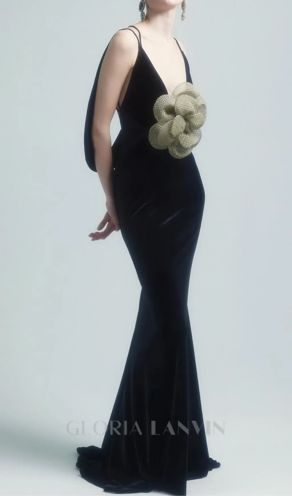 HARRIET GOLD 3D FLOWER BODYCON BLACK MAXI DRESS Gloria Lanvin