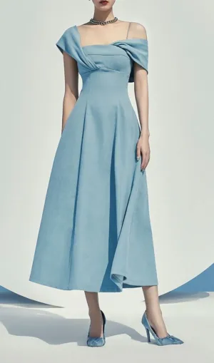 HAZE BLUE OBLIQUE SHOULDER MIDI DRESS Gloria Lanvin