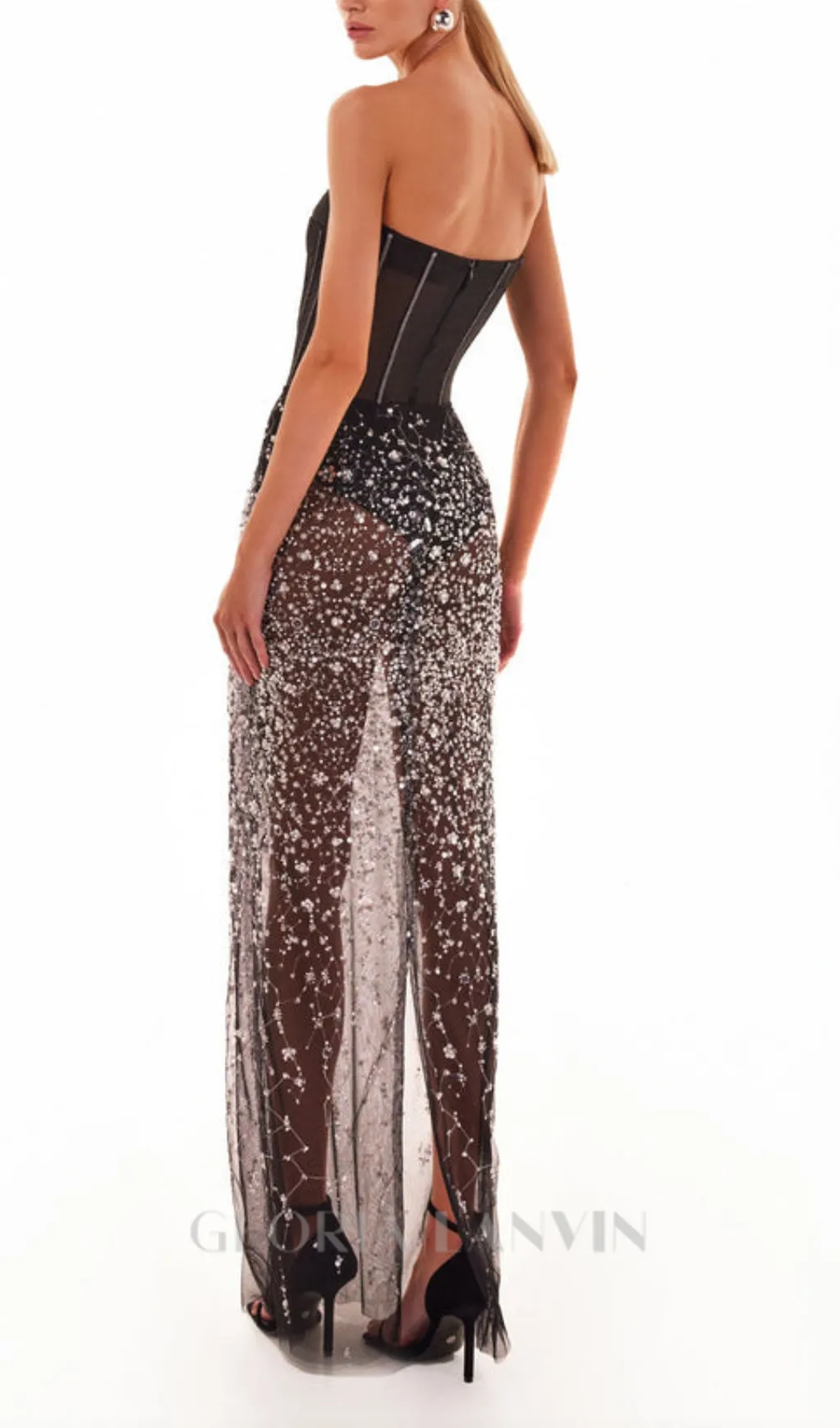 HAZEL CRYSTAL-COVERED STRAPLESS BLACK MAXI DRESS Gloria Lanvin