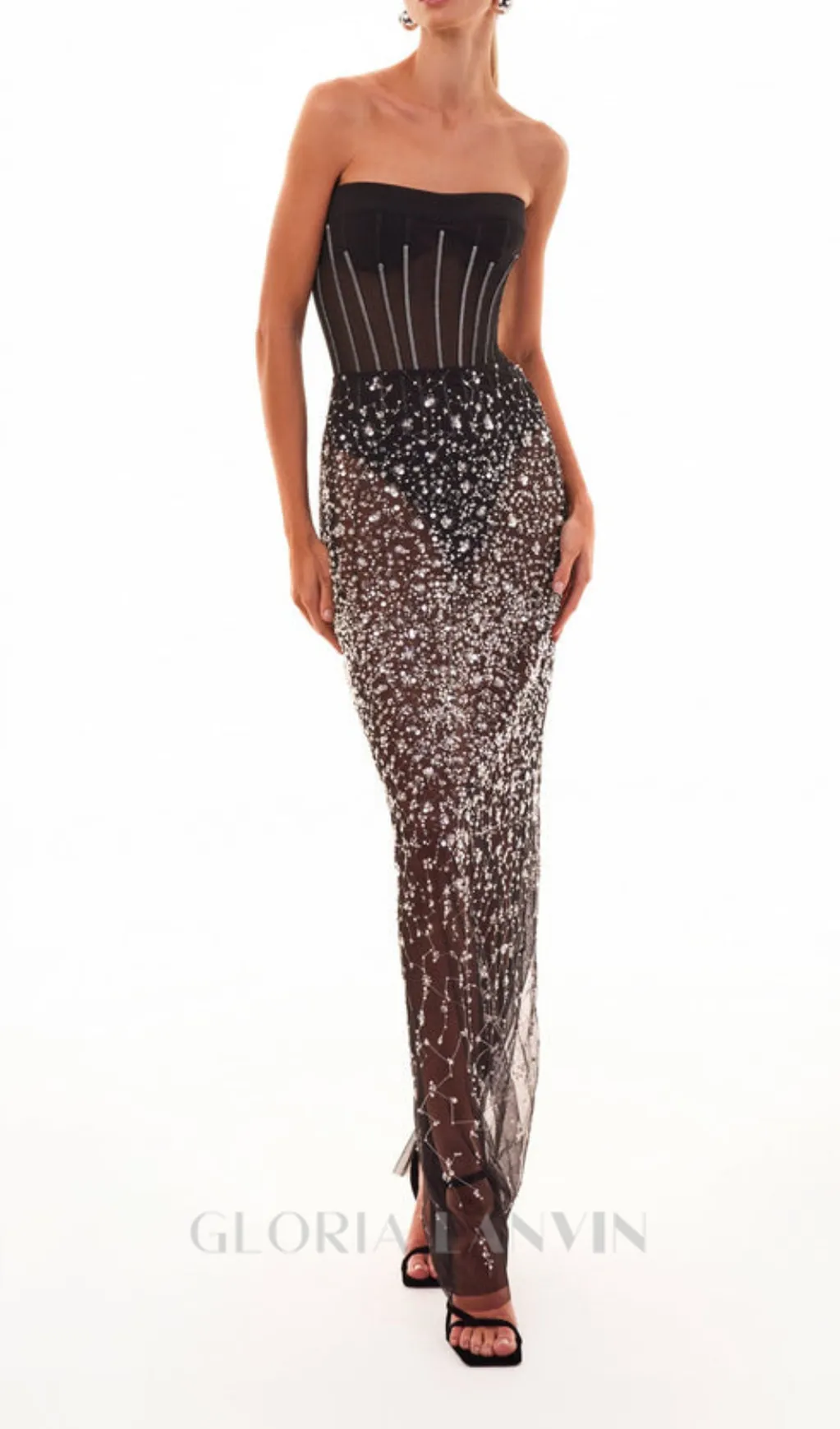 HAZEL CRYSTAL-COVERED STRAPLESS BLACK MAXI DRESS Gloria Lanvin