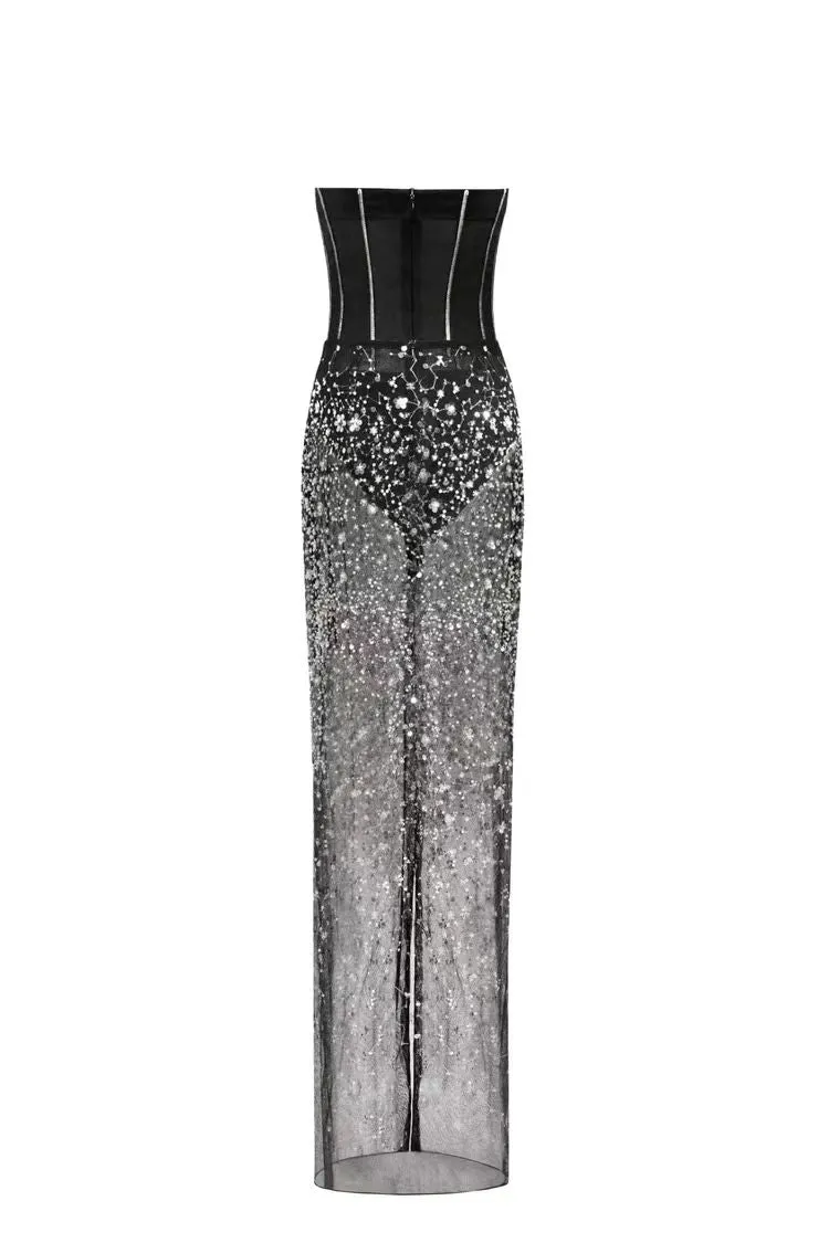 HAZEL CRYSTAL-COVERED STRAPLESS BLACK MAXI DRESS Gloria Lanvin
