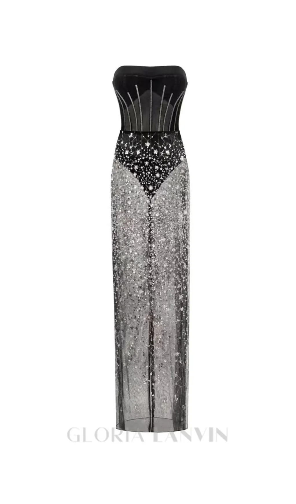 HAZEL CRYSTAL-COVERED STRAPLESS BLACK MAXI DRESS Gloria Lanvin