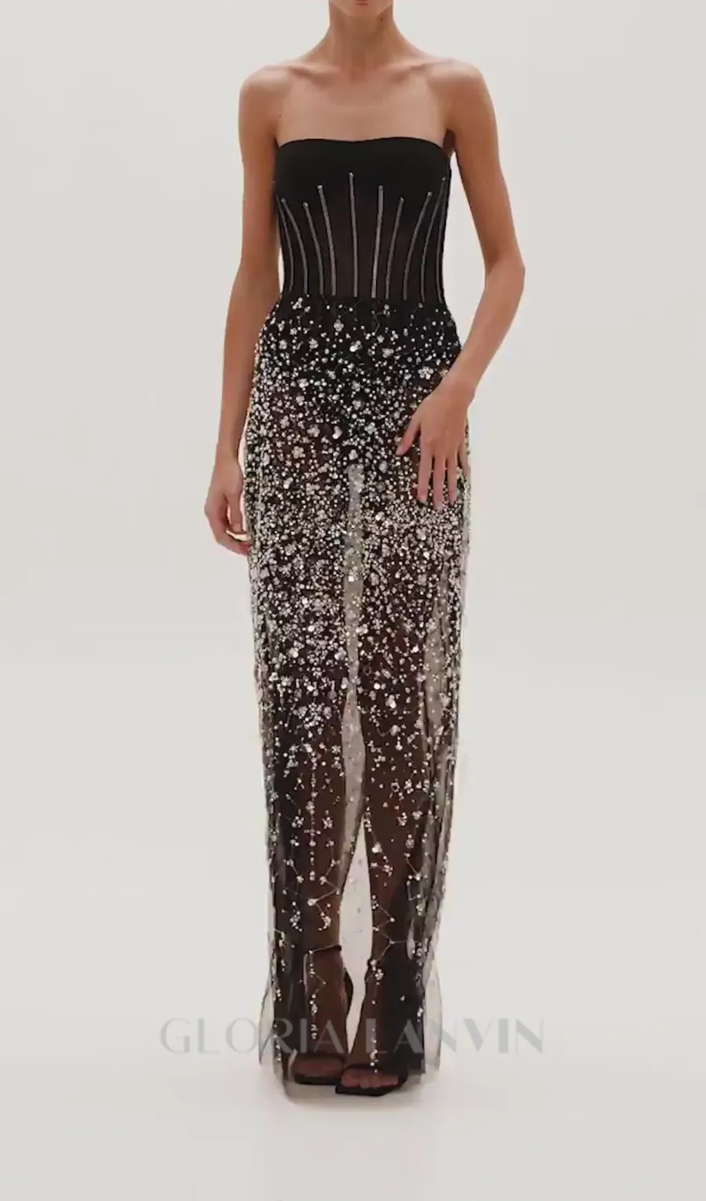 HAZEL CRYSTAL-COVERED STRAPLESS BLACK MAXI DRESS Gloria Lanvin