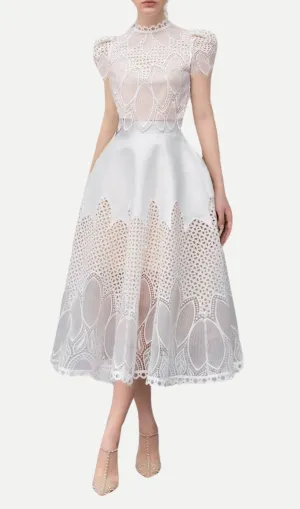 HEAVY-DUTY LACE STAND-UP COLLAR PUFF-SLEEVE HIGH-WAIST MIDI DRESS Gloria Lanvin