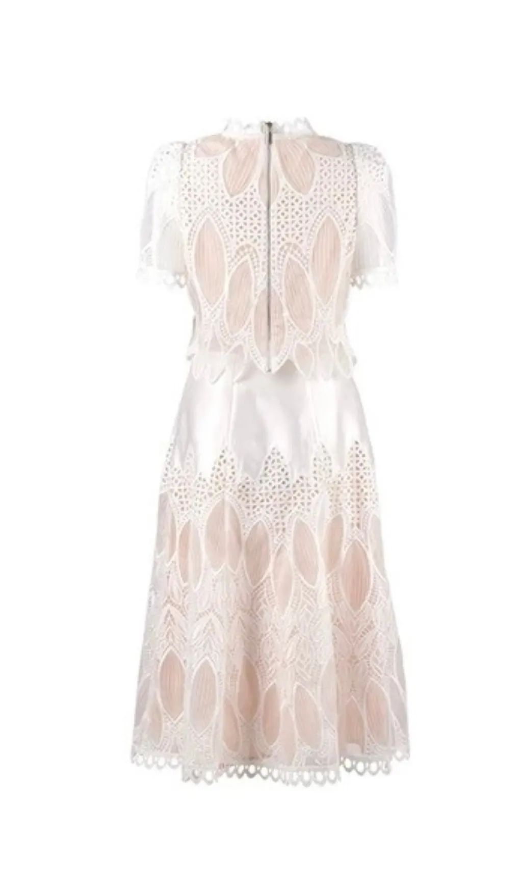 HEAVY-DUTY LACE STAND-UP COLLAR PUFF-SLEEVE HIGH-WAIST MIDI DRESS Gloria Lanvin