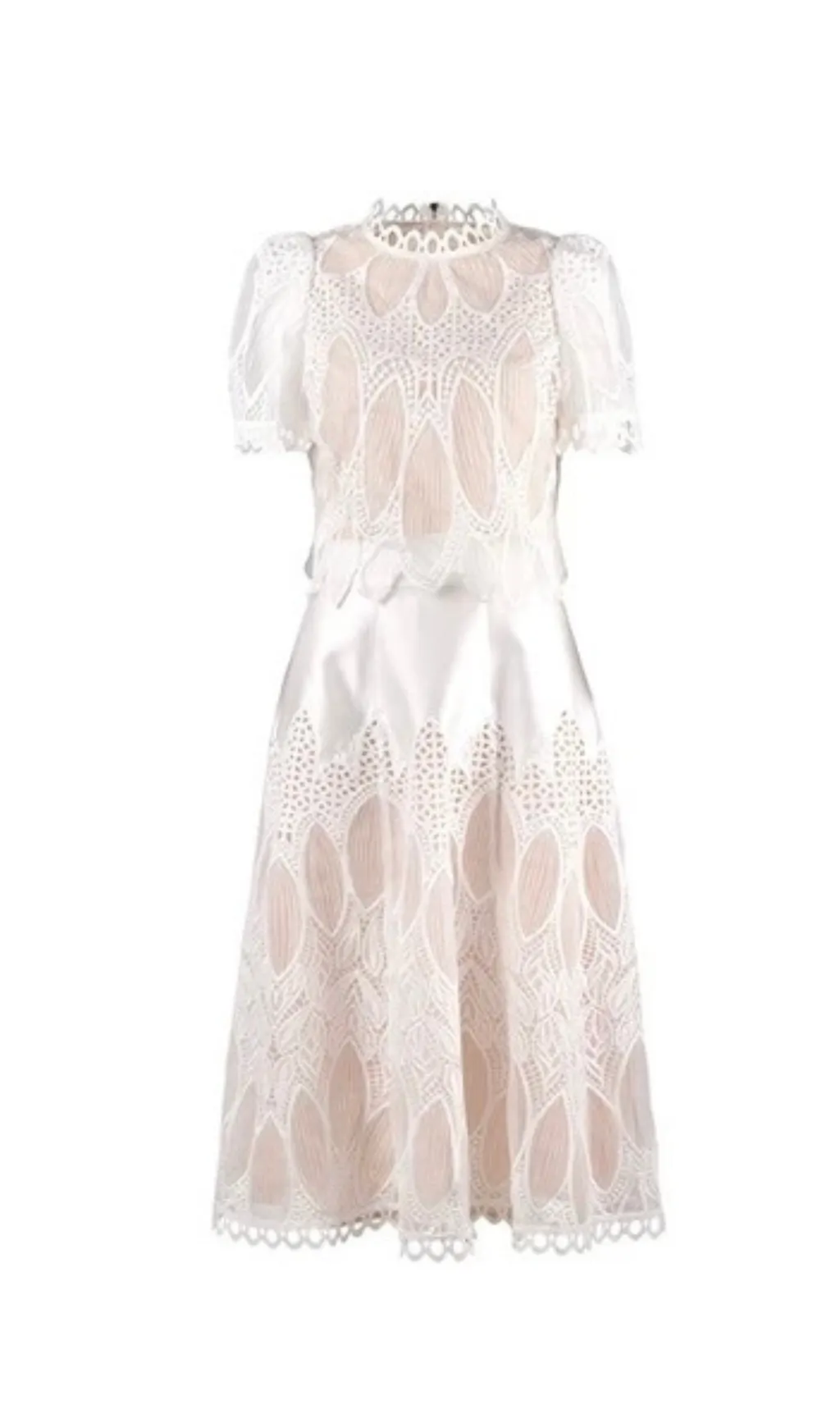 HEAVY-DUTY LACE STAND-UP COLLAR PUFF-SLEEVE HIGH-WAIST MIDI DRESS Gloria Lanvin